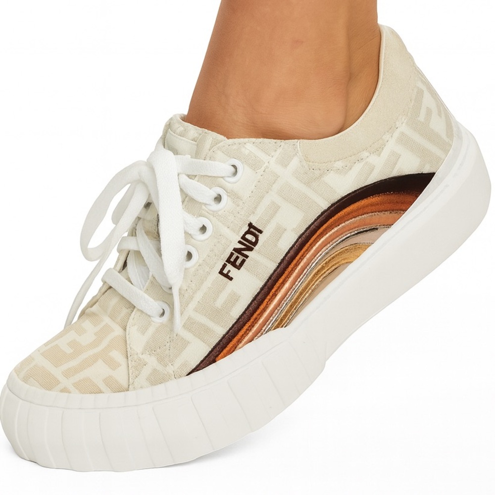 Fendi Cream Canvas Sneakers with Brown and Metallic Copper Accents